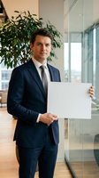 Professional businessman in navy suit holding blank white paper in modern office with glass walls and plants for corporate presentations and marketing materials.