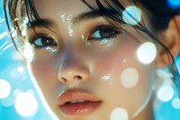 Close up portrait of young Asian woman with glitter makeup and dreamy blue bokeh lights, showcasing dewy skin and artistic beauty photography style.