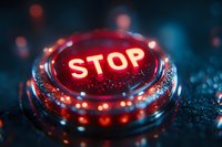 Glowing red stop button with bokeh effect on dark background, dramatic lighting creates mysterious atmosphere for safety and emergency concepts.