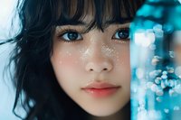 Close up portrait of young Asian woman with glitter on face against turquoise bokeh background. Natural makeup, black hair and dreamy expression create magical atmosphere.