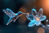 Magical crystal hummingbird approaches glowing glass flower against dark blue background with bokeh lights, creating ethereal nature-inspired artistic composition.