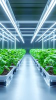 Modern vertical farm with rows of fresh green basil plants growing under LED lighting in controlled environment agriculture facility. Sustainable food production concept.