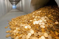 Long corridor with golden coins spilling out, creating dramatic contrast between empty hallway and abundant wealth, symbolizing financial opportunity and success.