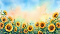 Watercolor sunflower field border with bright yellow blooms and green foliage against soft pastel sky background for greeting cards and decorations.