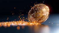 Golden cryptocurrency coin with glowing particles and bokeh effects on dark background, dramatic lighting creates modern financial technology atmosphere.