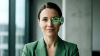 Professional businesswoman with futuristic green digital eye display technology in modern office environment for corporate innovation concepts.
