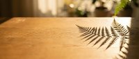 Fern leaf shadow cast on wooden table surface with natural sunlight, suitable for backgrounds and design projects.