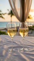 Two champagne glasses filled with sparkling wine on tropical beach terrace at sunset with ocean view and palm trees creating romantic vacation atmosphere.