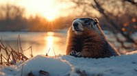 Curious groundhog emerging from snow at sunset, backlit by golden winter sun. Close up portrait of woodchuck in natural habitat with bokeh background and warm lighting.