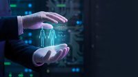 Business professional hands protecting digital family hologram with glowing data network background for insurance and security concepts.