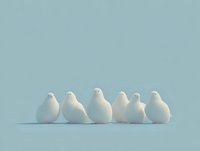 Minimalist white ceramic bird figurines arranged in row on clean surface against soft blue-gray background for modern home decor and design projects.