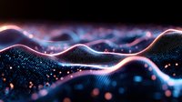 Abstract digital wave pattern with glowing blue and pink particles flowing on black background, creating dynamic network visualization for technology concepts.