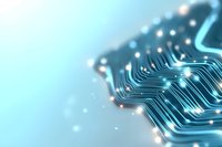 Glowing blue circuit board pathways with luminous connection points create futuristic technology pattern against soft gradient background. Suitable for tech concepts.