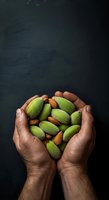 Hands of a man with medium skin tone holding fresh green mangoes and almonds against dark background, suitable for healthy eating, nutrition, organic food, and wellness content.