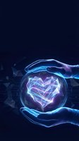 Two glowing hands holding a luminous geometric heart shape with neon blue and purple light effects against dark background for technology, innovation, healthcare and digital concepts.