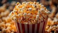 Fresh popcorn overflowing from red and white striped container, close-up macro shot showing detailed texture of fluffy kernels in warm lighting for food marketing.
