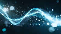 Glowing blue wave of light and particles flowing through dark space with bokeh effect and sparkling elements creating magical atmosphere.
