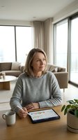 Middle-aged Caucasian businesswoman working on tablet with financial charts in modern apartment living room. Professional remote work from home setup.