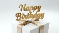 Golden Happy Birthday text on a white gift box with a satin bow, elegant celebration concept on a light background.