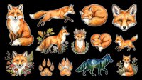 Cute fox collection with sitting, jumping, and sleeping poses, paw prints, and floral elements isolated on transparent background. Ready for t-shirts, stickers, clipart, sublimation, and print-on-demand designs.