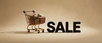 Shopping cart filled with boxes next to bold SALE letters on beige background, retail discount promotion concept.