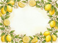 Lemon fruits with green leaves and white flowers frame isolated on cream background, ready for design, invitations, and packaging projects.