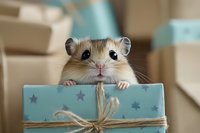 Curious gerbil peeking over mint green gift box with stars pattern and twine bow, looking directly at camera with adorable expression against blurred background.