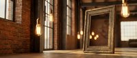 Empty vintage wooden frame on rustic brick wall interior with warm Edison bulb lighting and industrial windows creating cozy atmospheric decor space.