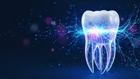 Futuristic digital tooth with glowing neural network connections on dark blue background for dental technology and healthcare innovation concepts.