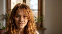 Young woman with long wavy auburn hair smiling warmly in sunlit room with natural lighting and soft focus background for lifestyle photography.