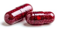 Red glitter-filled transparent capsules with heart shape inside on white background, pharmaceutical concept for love medicine and romantic therapy.
