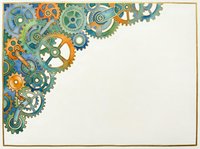 Colorful mechanical gears and cogs in blue, green, and orange arranged in corner border design on cream background, suitable for business presentations and industrial concepts.