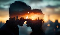 Romantic double exposure silhouette of young couple against urban sunset skyline with dramatic orange sky and city lights creating atmospheric mood.