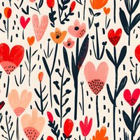 Romantic floral seamless pattern with hearts and wildflowers in red, pink and navy blue on cream background. Repeating design for fabric and wallpaper.