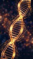 Glowing golden DNA double helix structure with luminous particles and bokeh effects on dark blue background for genetic research and biotechnology concepts.