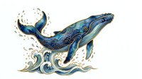 Humpback whale breaching ocean waves with decorative swirls and splashes, isolated on white background for design, print, and merchandise applications.