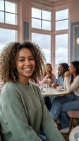 Young mixed-race woman with curly hair smiling at camera in cozy cafe with diverse female friends socializing in background during casual meetup.