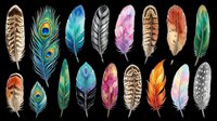 Feather collection featuring watercolor peacock, eagle, and decorative plumes in vibrant colors isolated on transparent background. Ready for t-shirt designs, clipart, stickers, sublimation, and print-on-demand projects.