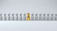 Golden figure stands out among white crowd representing leadership uniqueness and individual excellence in business teamwork concepts.