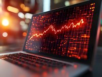Glowing red stock market chart displayed on laptop screen with rising trend line and digital grid pattern, dramatic lighting creates modern financial atmosphere.
