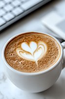 Creamy latte with heart-shaped foam art in white ceramic cup on marble surface, with keyboard in background, captured in soft natural lighting.