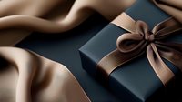 Elegant dark gift box with luxurious brown satin ribbon bow against flowing silk fabric background, creating sophisticated contrast for luxury presentation.