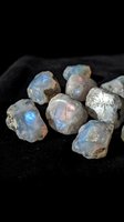 Raw moonstone gemstones with iridescent blue flash on black velvet surface for jewelry making and crystal healing practices.