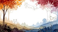 Autumn forest landscape with colorful trees, rolling hills and wildlife silhouettes in warm seasonal colors for nature backgrounds and outdoor designs.