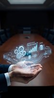 Businessman hands presenting holographic data analytics dashboard with gears, charts and database icons in modern conference room for digital transformation.