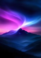 Mystical aurora borealis over mountain peaks at twilight, with vibrant pink and blue lights dancing across dark silhouetted landscape in foggy atmosphere.