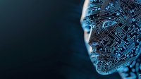 Futuristic artificial intelligence concept showing half human face merged with circuit board patterns in glowing blue technological design. Represents AI advancement.