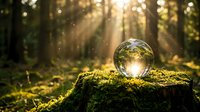 Crystal ball on moss-covered log in enchanted forest with golden sunbeams streaming through trees creating magical atmosphere for meditation and spirituality.