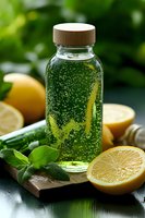 Refreshing sparkling drink with lemon slices and mint leaves in glass bottle. Fresh citrus beverage on wooden board with ingredients for healthy detox.