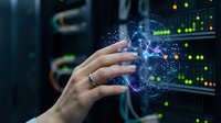 Digital transformation and innovation concept with hand touching glowing holographic interface displaying data analytics and network connections in modern tech environment.
